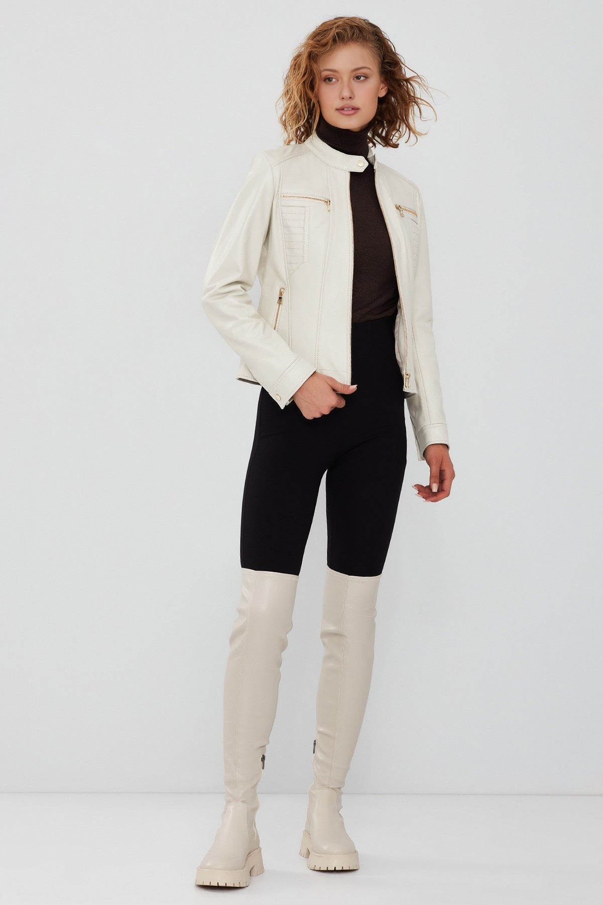 Marlyn Women's Beige Short Leather Jacket