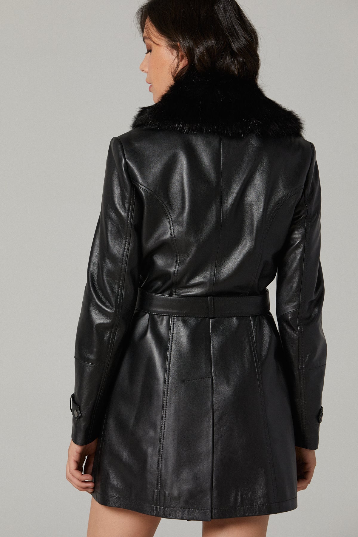 Rhoda Women's Black Fur Long Leather Coat