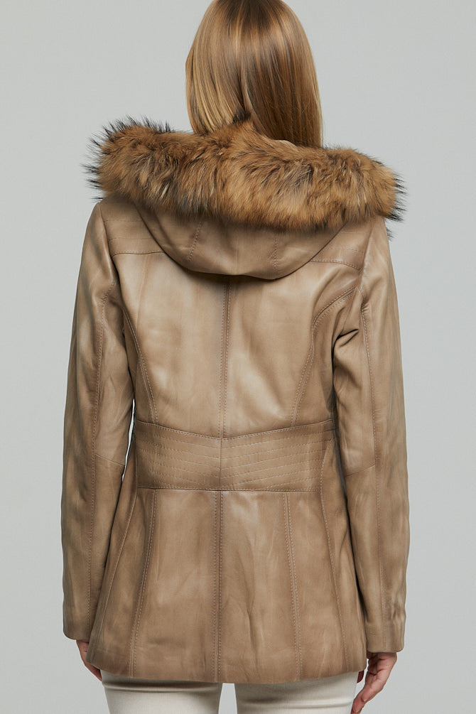Rachel Women's Sand Hooded Leather Fur Coat