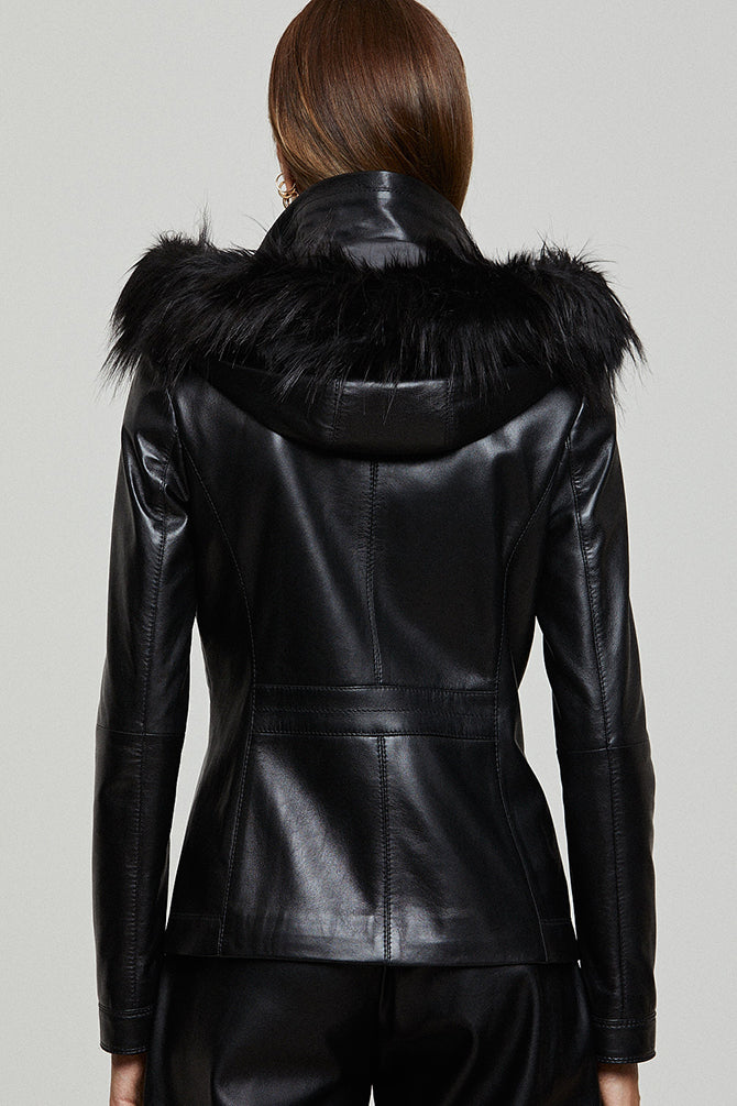 Edith Women's Black Fur Leather Coat