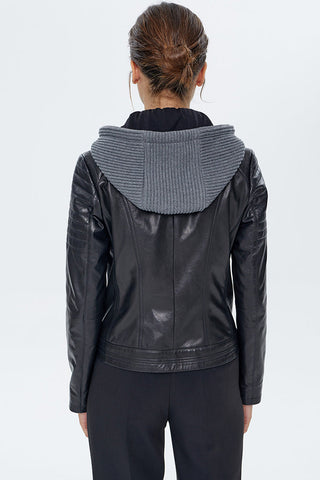 Zoom Women's Hooded Black Leather Jacket