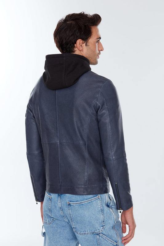 Men's Blue Hooded Slim-Fit Sports Leather Jacket