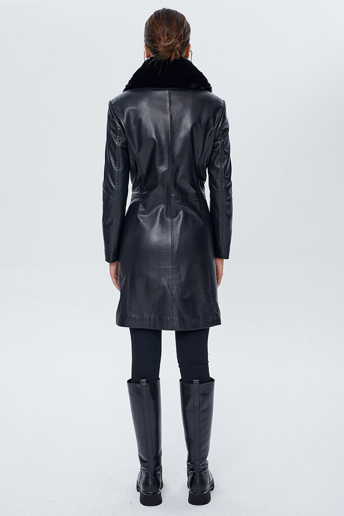 Christina Women's Black Fur Leather Coat