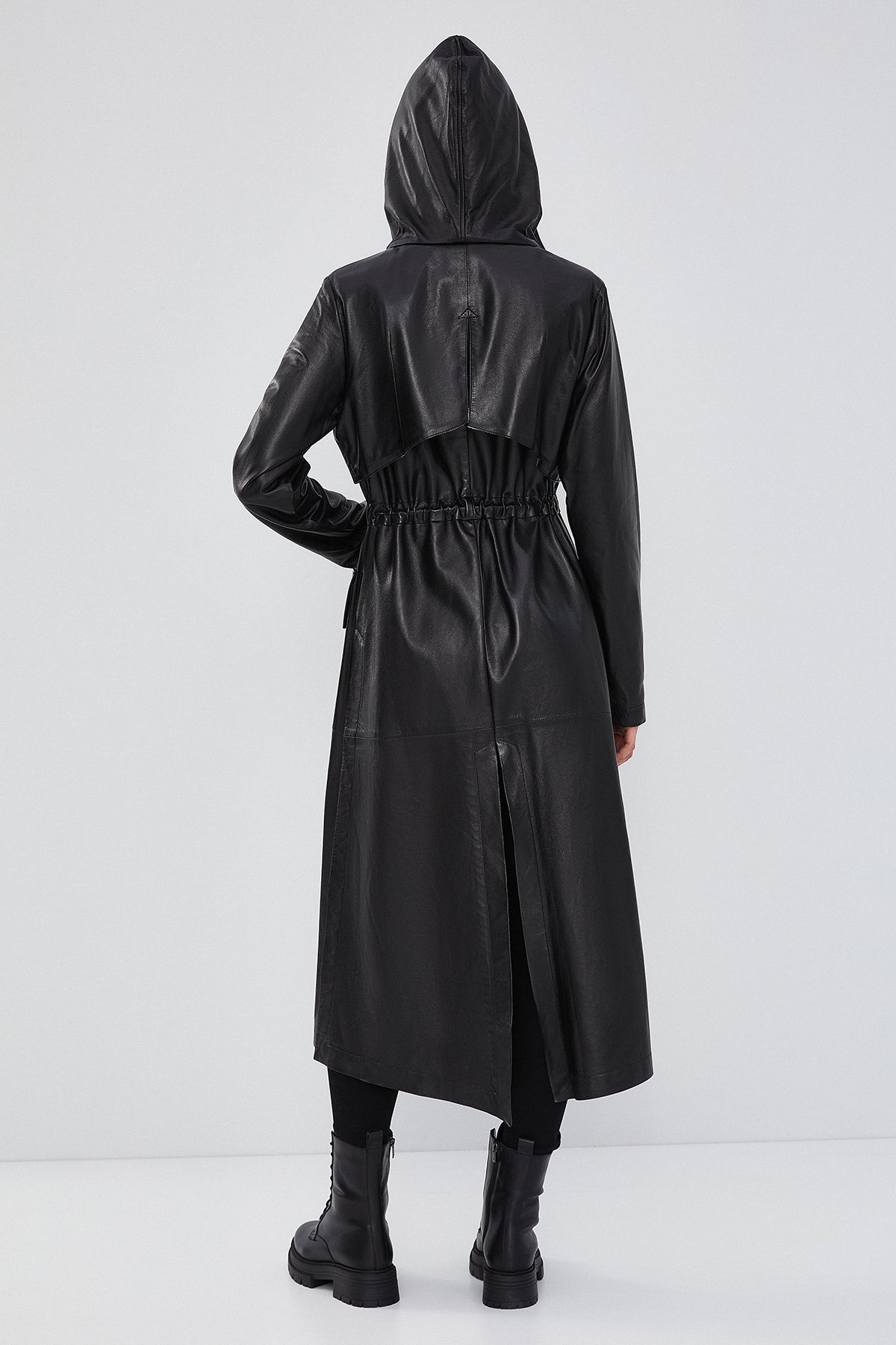 Rihanna Women's Black Hooded Leather Topcoat