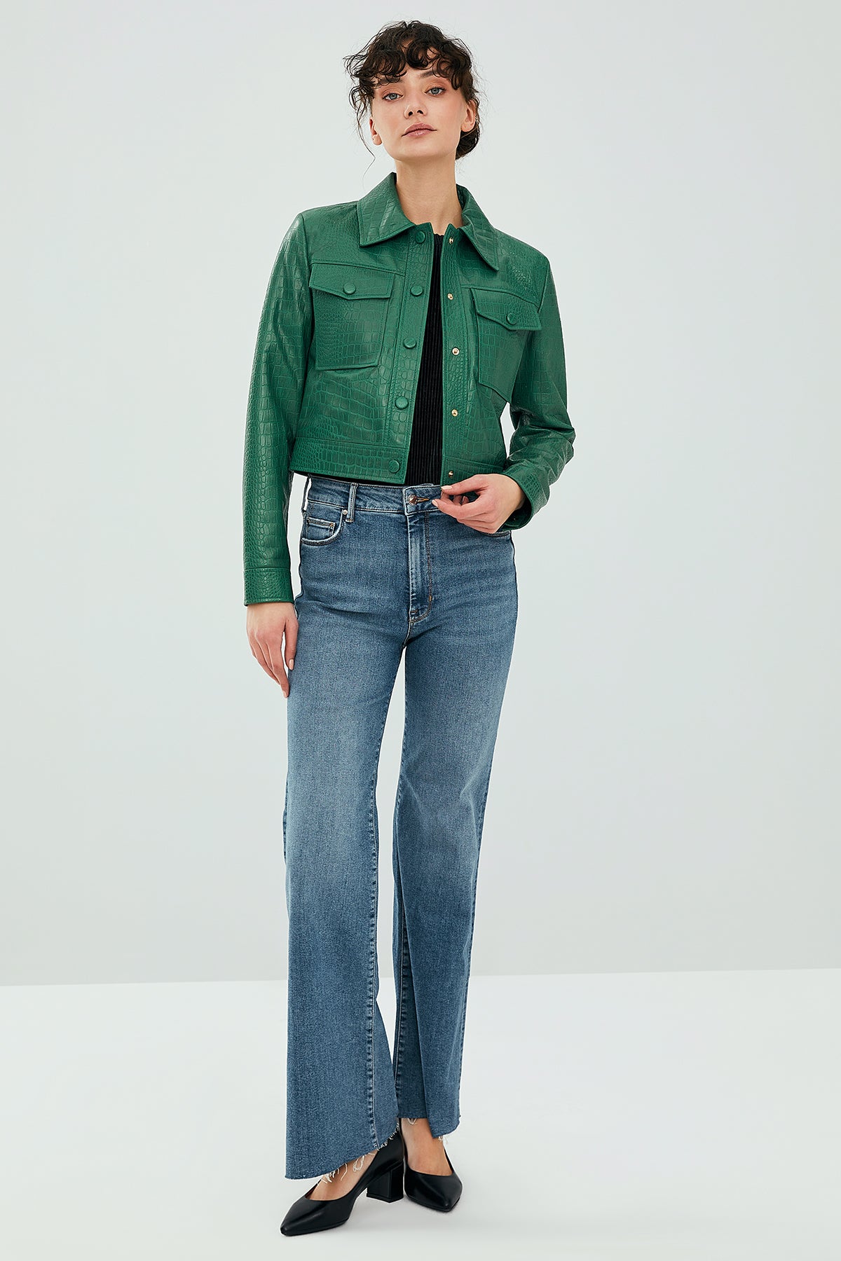 Tina Women's Green Short Leather Jacket