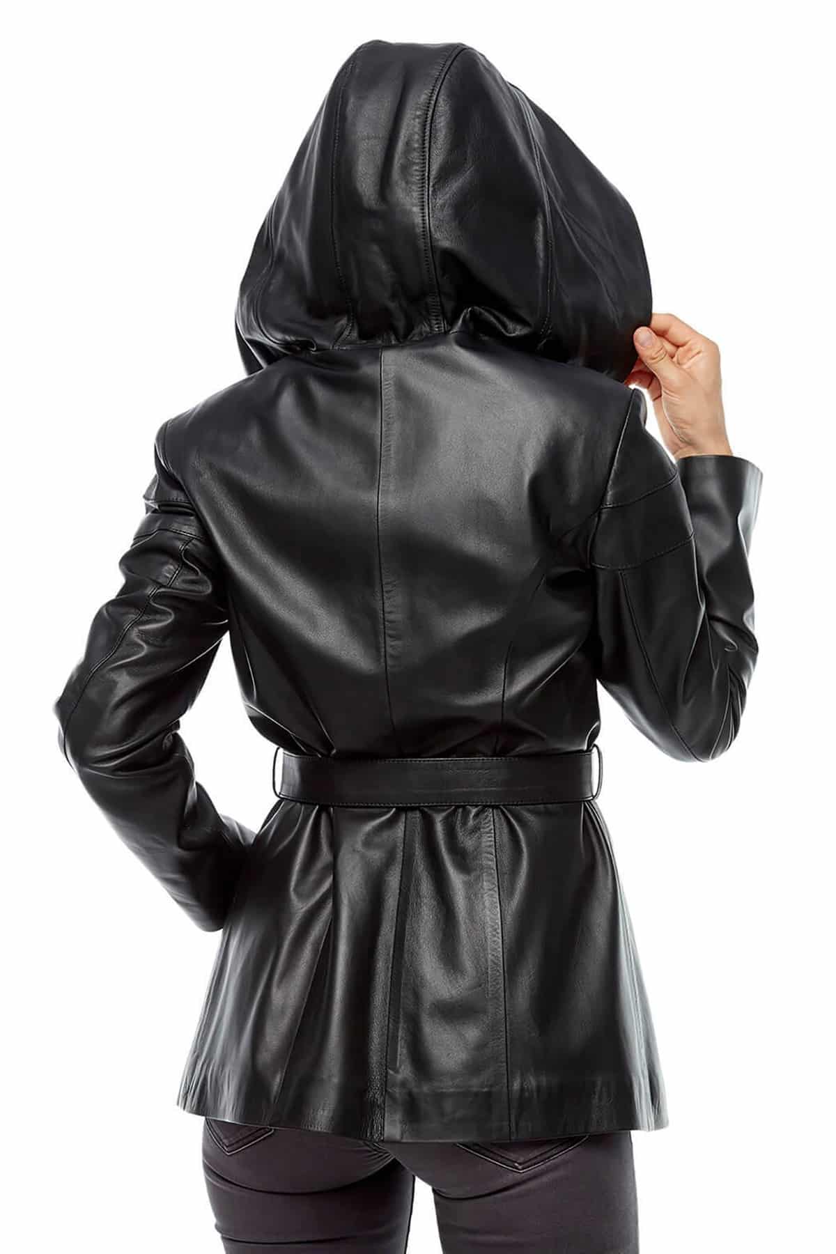 Women's Real Black Leather Hooded Belted Coat