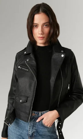 Women's Black Lapel Collar Motorcycle Jacket Leather