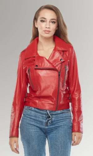 Women's Red Moto Biker Leather Jacket