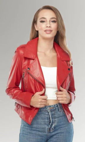 Women's Red Moto Biker Leather Jacket