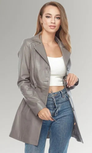 women's Grey Belted Leather Trench Coat