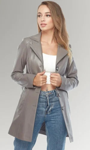 women's Grey Belted Leather Trench Coat