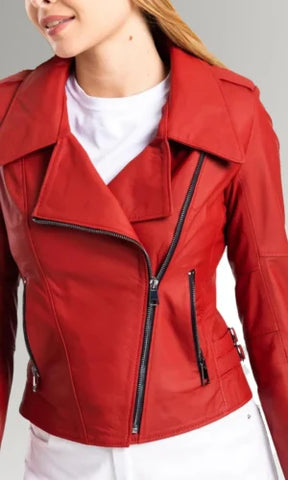 Women's Red Biker Round Collar Leather Jacket