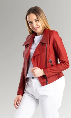 Women's Red Biker Round Collar Leather Jacket