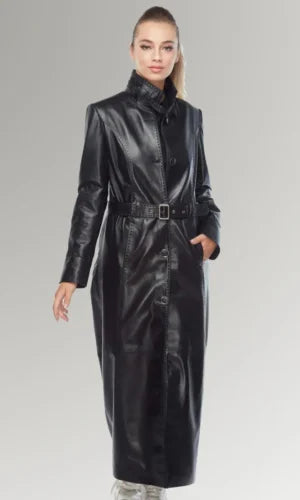 Women's Leather Blazer Belted Trench Coat