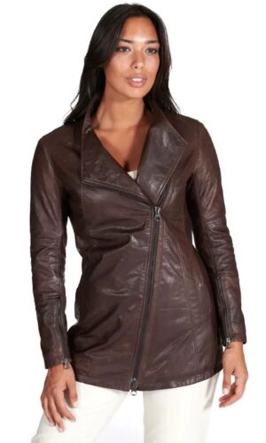 Women's Brown Hip-Length Biker Leather Jacket