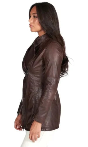 Women's Brown Hip-Length Biker Leather Jacket