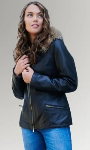Women's Fur Hooded Leather Jacket