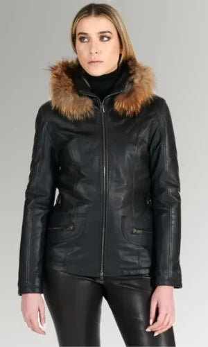 Women's Fur Hooded Leather Jacket