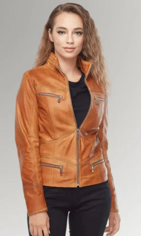 Women's Brown Sports Leather Jacket