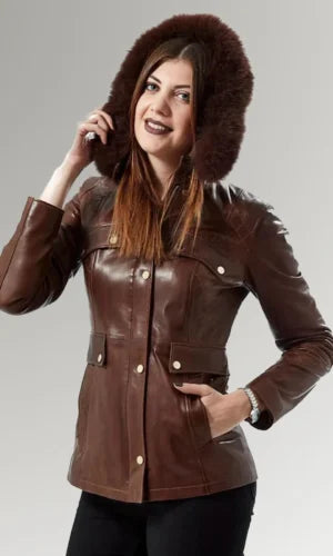 Women's Shearling Collar Hooded Stylish Vintage Leather Jacket