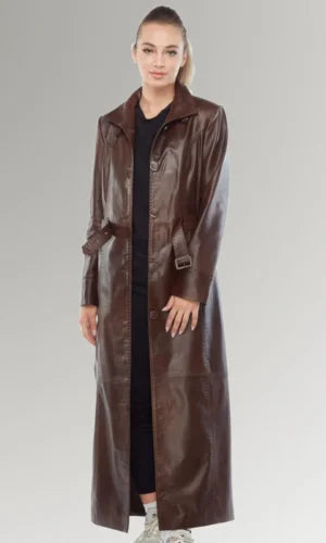 Women's Classic Brown Leather Trench Belted Coat