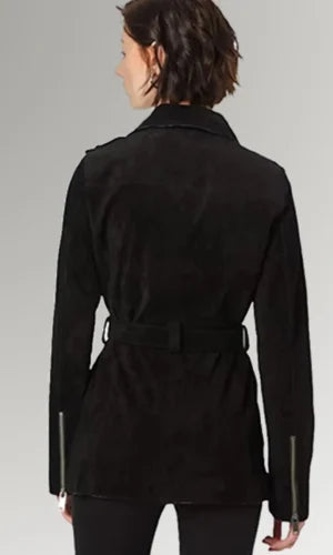 Women's Star land Black Suede Belted Leather Coat