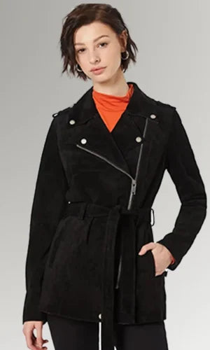 Women's Star land Black Suede Belted Leather Coat