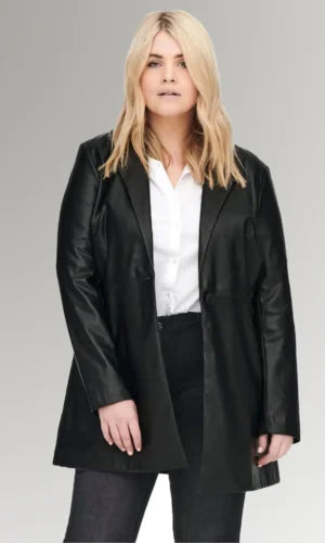 Women's Black Mid-length Stylish Leather Coat