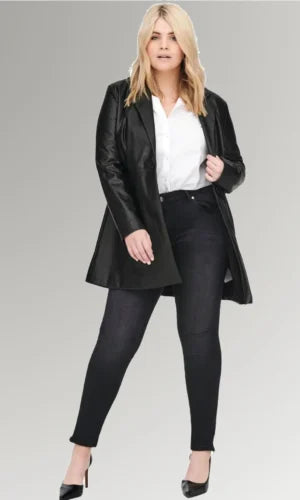 Women's Black Mid-length Stylish Leather Coat