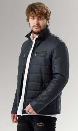 Men's Navy Blue Quilted Puffer Leather Jacket