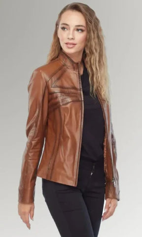 Women's Brown Waxed Classic Leather Jacket
