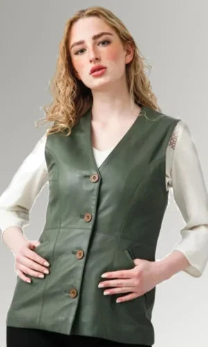 Women's Green V-Neck Leather Vest 