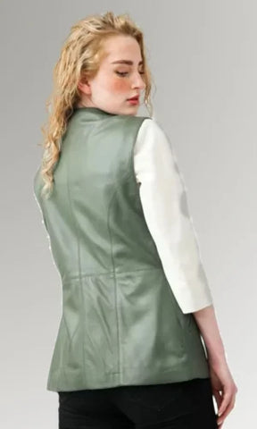 Women's Green V-Neck Leather Vest