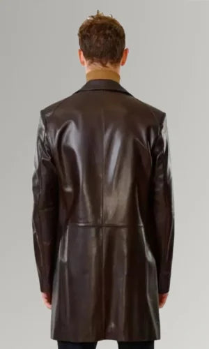 Genuine Leather Men Mid Length Brown Blazer Coat