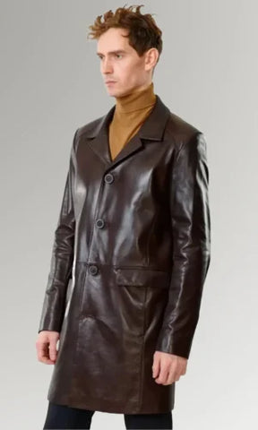 Genuine Leather Men Mid Length Brown Blazer Coat