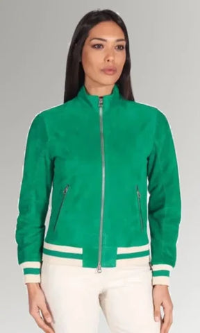 Women's Green Suede Leather Varsity Jacket