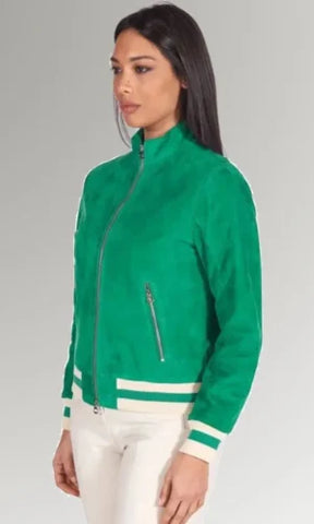 Women's Green Suede Leather Varsity Jacket