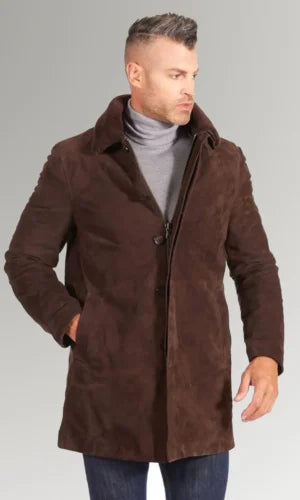 Men's Brown Fur Collar Suede Leather Coat