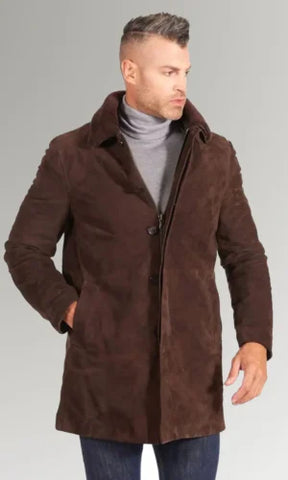 Men's Brown Fur Collar Suede Leather Coat