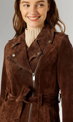 women's Brown Suede Belted Leather Coat