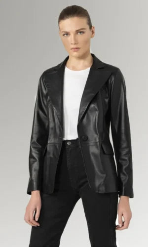 Women's Black Leather Buttoned Coat