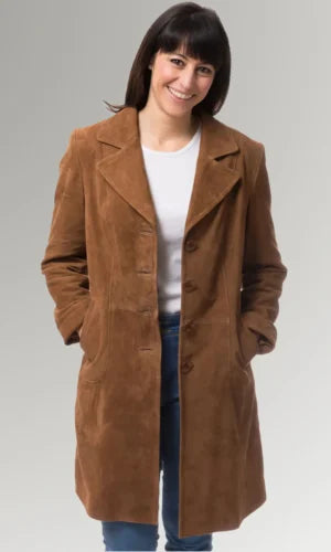 Women's Brown Suede Lapel Collar Leather Long Coat