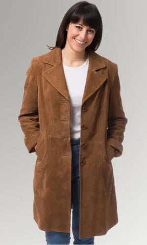Women's Brown Suede Lapel Collar Leather Long Coat