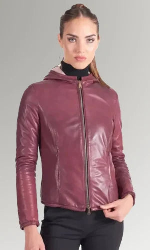Women's Hooded Leather Jacket slimfit