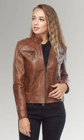 women's Brown Slim Fit Biker Leather Jacket