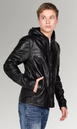 Men's Cafe Racer Black Hooded Leather Jacket