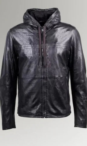 Men's Cafe Racer Black Hooded Leather Jacket