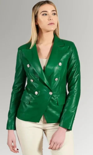 Women's Green Double Breasted Leather Coat