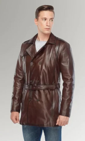 Men's Brown Waist Belted waxed Blazer Stylish Trench Coat