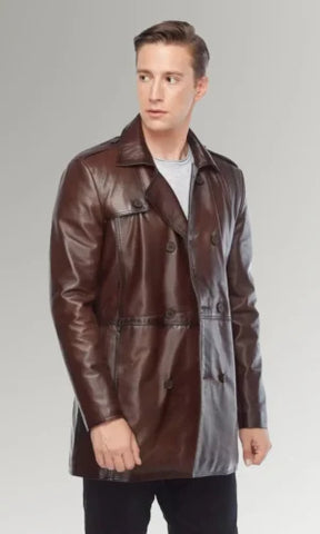 Men's Brown Waist Belted waxed Blazer Stylish Trench Coat